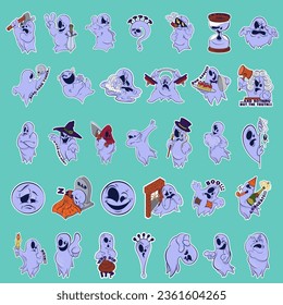 Big sticker pack. Image of a funny ghosts. Stickers with a ghost. Halloween sticker. Cartoon characters for comics and postcards – ghosts. Vector image