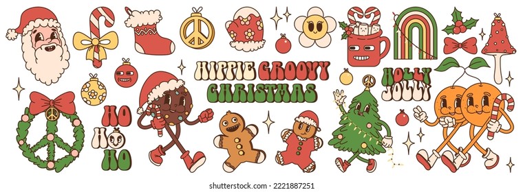 Big sticker pack of retro cartoon characters and elements. Merry Christmas and Happy New year in trendy groovy hippie style. 