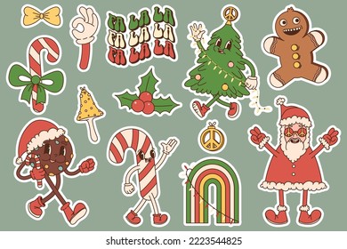 Big sticker pack of retro cartoon characters and elements. Merry Christmas and Happy New year in trendy groovy hippie style.