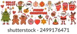 Big sticker pack of retro Groovy hippie Christmas characters and elements. Santa Claus, Christmas tree, gifts, holly jolly vibes, deer, elf, gingerbread in trendy retro cartoon style. Hand draw vector