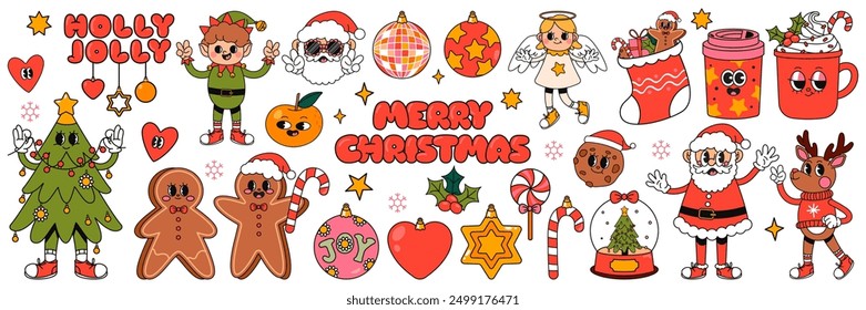 Big sticker pack of retro Groovy hippie Christmas characters and elements. Santa Claus, Christmas tree, gifts, holly jolly vibes, deer, elf, gingerbread in trendy retro cartoon style. Hand draw vector