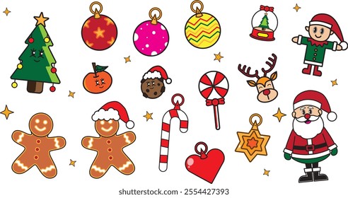 Big sticker pack of retro Groovy hippie Christmas characters and elements. Santa Claus, Christmas tree, gifts, holly jolly vibes, deer, elf, gingerbread in trendy retro cartoon style. Hand draw vector