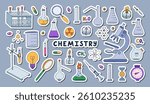 Big sticker set with colorful doodle chemistry, science and laboratory clipart for planners, notebooks. Ready for print list of cute stickers. Lab tool for chemical, medical experiment, learning.