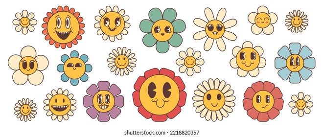 Big sticker set retro flower cartoon characters   Trendy retro trippy style  Isolated vector illustration  Hippie 60s  70s style 