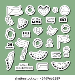 Big sticker set of Save Palestine with lettering and scribble doodle. Ready for print list of cute stickers with watermelon slice, Gaza flag, fist, peace dove, heart. Simple clipart with outline.