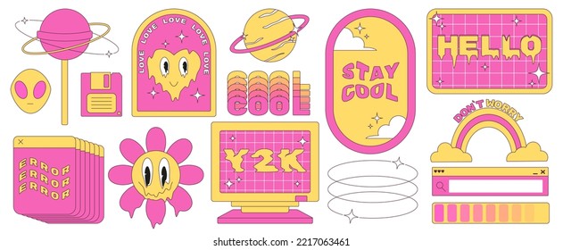 Big sticker set in trendy y2k style. Old computer aestethic. Retro pc elements, user interface. Nostalgia for 1990s -2000s. Vector illustrations.