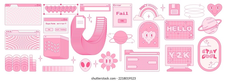 Big sticker set in trendy y2k style. Old computer aestethic. Retro pc elements, user interface. Nostalgia for 1990s -2000s. Vector illustrations. Monochrome palette.