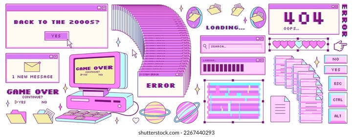 Big sticker set in trendy y2k style. Old computer aestethic. Retro pc elements, user interface. Nostalgia for 1990s -2000s. Vector illustrations.	