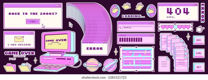 Big sticker set in trendy y2k style. Old computer aestethic. Retro pc elements, user interface. Nostalgia for 1990s -2000s. Glitch effect elements. Vector illustrations.