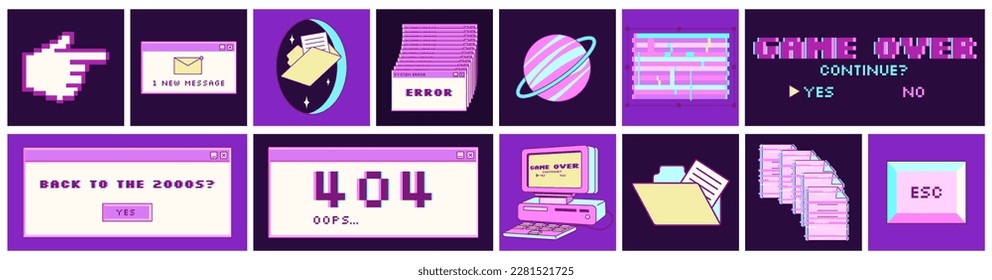 Big sticker set in trendy y2k style. Old computer aestethic. Retro pc elements, user interface. Nostalgia for 1990s -2000s. Glitch effect elements. Vector illustrations.