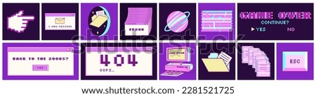 Big sticker set in trendy y2k style. Old computer aestethic. Retro pc elements, user interface. Nostalgia for 1990s -2000s. Glitch effect elements. Vector illustrations.