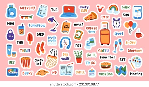 Big sticker set for weekly planner. Cute hand drawn pictures and phrases for diary decorating. Flat vector illustration.