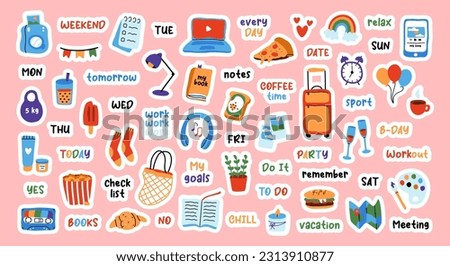 Big sticker set for weekly planner. Cute hand drawn pictures and phrases for diary decorating. Flat vector illustration.