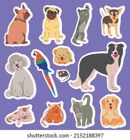 Big stickers collection with cute domestic pets portrait. Happy doggies, cats and parrot. Funny Poodle, Pug, Chihuahua, Border Collie, French Bulldog. Isolated flat vector illustration