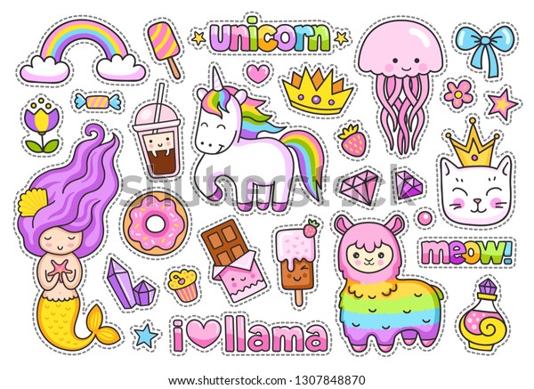 Big stickers\
pack. Kawaii little mermaid, llama, cat, rainbow magic unicorn,\
jellyfish, ice cream, crown, chocolate bar, donut, cake, diamond.\
Set of cute cartoon\
characters.