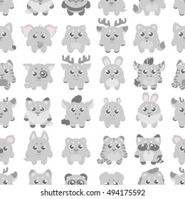 Big stickers, patches collection: cute cartoon baby animals, fauna of the world, icon set isolated on white. Hand drawn colorful Vector illustration, seamless pattern.