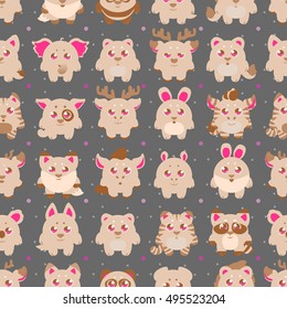 Big stickers, patches collection: cute cartoon baby animals, fauna of the world, icon set isolated on white. Hand drawn colorful Vector illustration, seamless pattern.