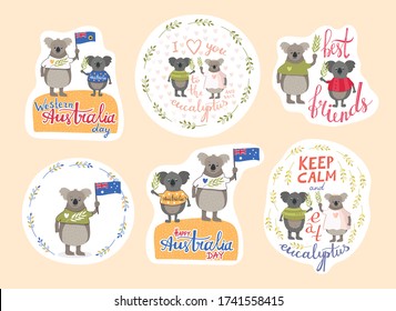 Big stickers set with australian symbol - koalas. Cute animals with flag of whole country, Western Australia. Decorative elements - eucalyptus sticks, hearts, lettering.  Cartoon hand drawn characters