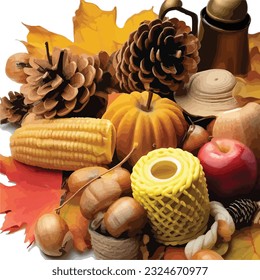Big still life with autumn harvest. Composition with pumpkin and other different vegetables on white background