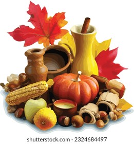 Big still life with autumn harvest. Composition with pumpkin and other different vegetables on white background