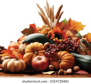 Big still life with autumn harvest. Composition with pumpkin and other different vegetables on white background