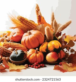 Big still life with autumn harvest. Composition with pumpkin and other different vegetables on white background