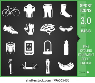 Big stock of sports, bicycle icon on black background.