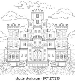 Big stone castle with towers, windows and gates, small garden, trees, bushes, flowers, road, sky, clouds. Architecture illustration on a white isolated background. For coloring book pages.