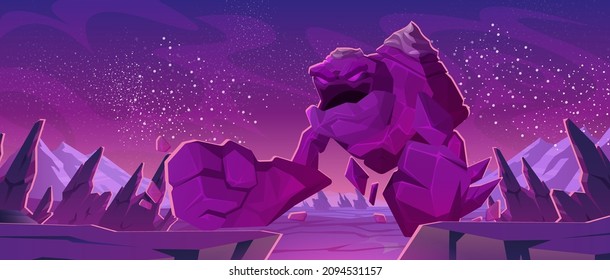 Big stone golem character on alien planet surface. Vector cartoon illustration of fantasy angry giant monster and futuristic space landscape with rocks and stars in sky