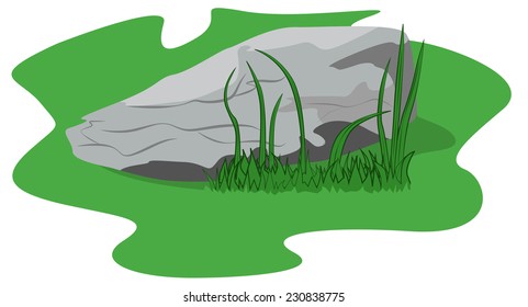 Big stone lying in the green grass, vector illustration