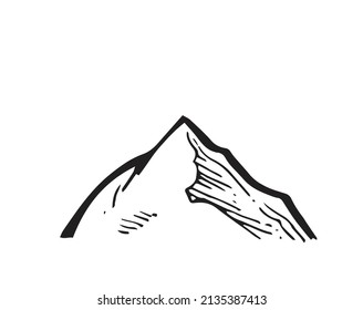 Big stone rock from afar. A piece of cliff. In the style of contour engraving. Outline sketch. Hand drawing is isolated on a white background. Vector.