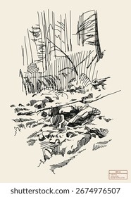 Big stones in mountain forest. Simple linear sketch drawn from nature