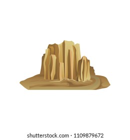 Big stony mountain surrounded with sand. Nature environment. Flat vector for desert landscape background for mobile game