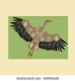 Big Stork Flies in the Sky, Hovering on the Wings. Vector Illustration