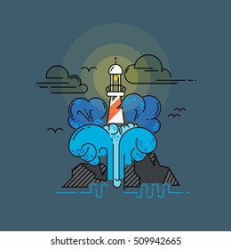 Big Stormy Waves Over Lighthouse and Rocks. Design in Trendy Linear Style. Navigational and Travel Concept. Vector, Illustration