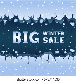 Big straight blue ice crack and falling snow. Text winter sale lettering