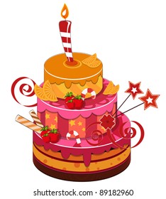big strawberry birthday cake with burning candle
