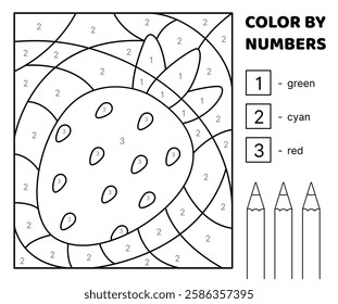 Big strawberry. Black and white. Color by number. Coloring page. Game for kids. Isolated vector illustration eps 10