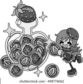 Big strawberry candies and a smiling girl