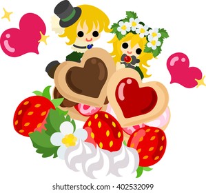 Big strawberry cookie and smiling children