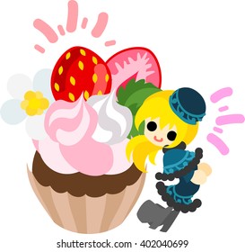 Big strawberry cup cake and a smiling girl