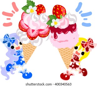 Big strawberry ice creams and smiling girls