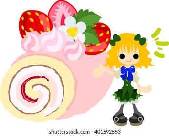 Big strawberry roll cake and a smiling girl