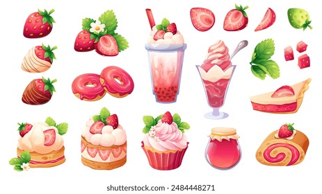 Big strawberry set. Collection of desserts with strawberry taste, cake, pie, chocolate strawberries. Strawberry flavored drinks. Berries, leaves, flowers