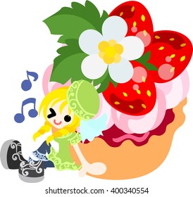 A big strawberry tart and a smiling girl