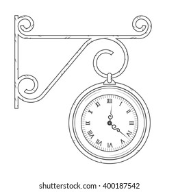 Big street clock. Wall mounted hanging round old vintage clock. simple vector illustration. Graphic isolated sign