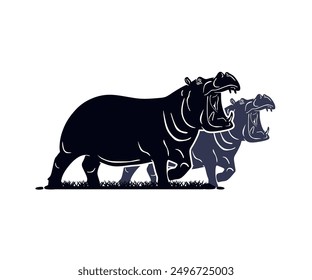 big and strong hippopotamus logo, silhouette of wild and big animal standing vector illustrations