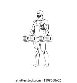 Big strong man with beard, vector hand drawn sketch illustration isolated on white background