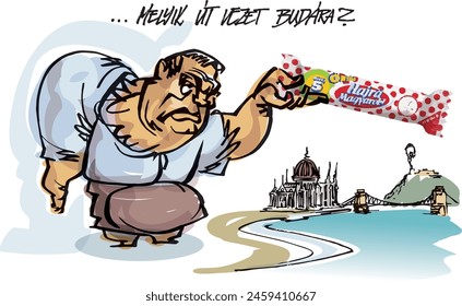 Big, strong man pointing with a chocolate bar towards a distant city with river