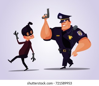 Big strong policeman character chasing bandit. Vector flat cartoon illustration